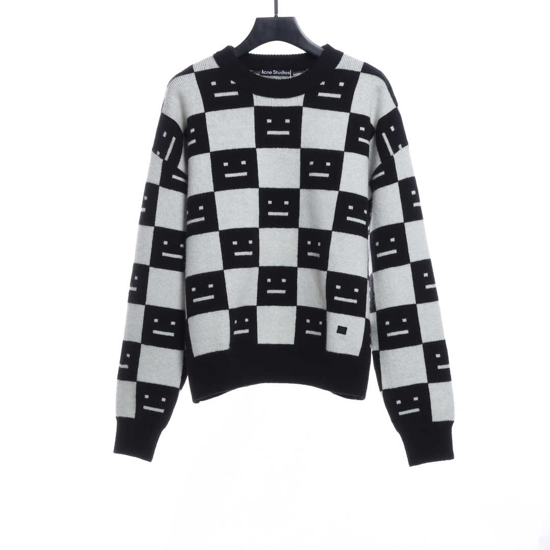 22S SACNE STUDIOS Checkerboard Square Smiley Crew Neck Sweater