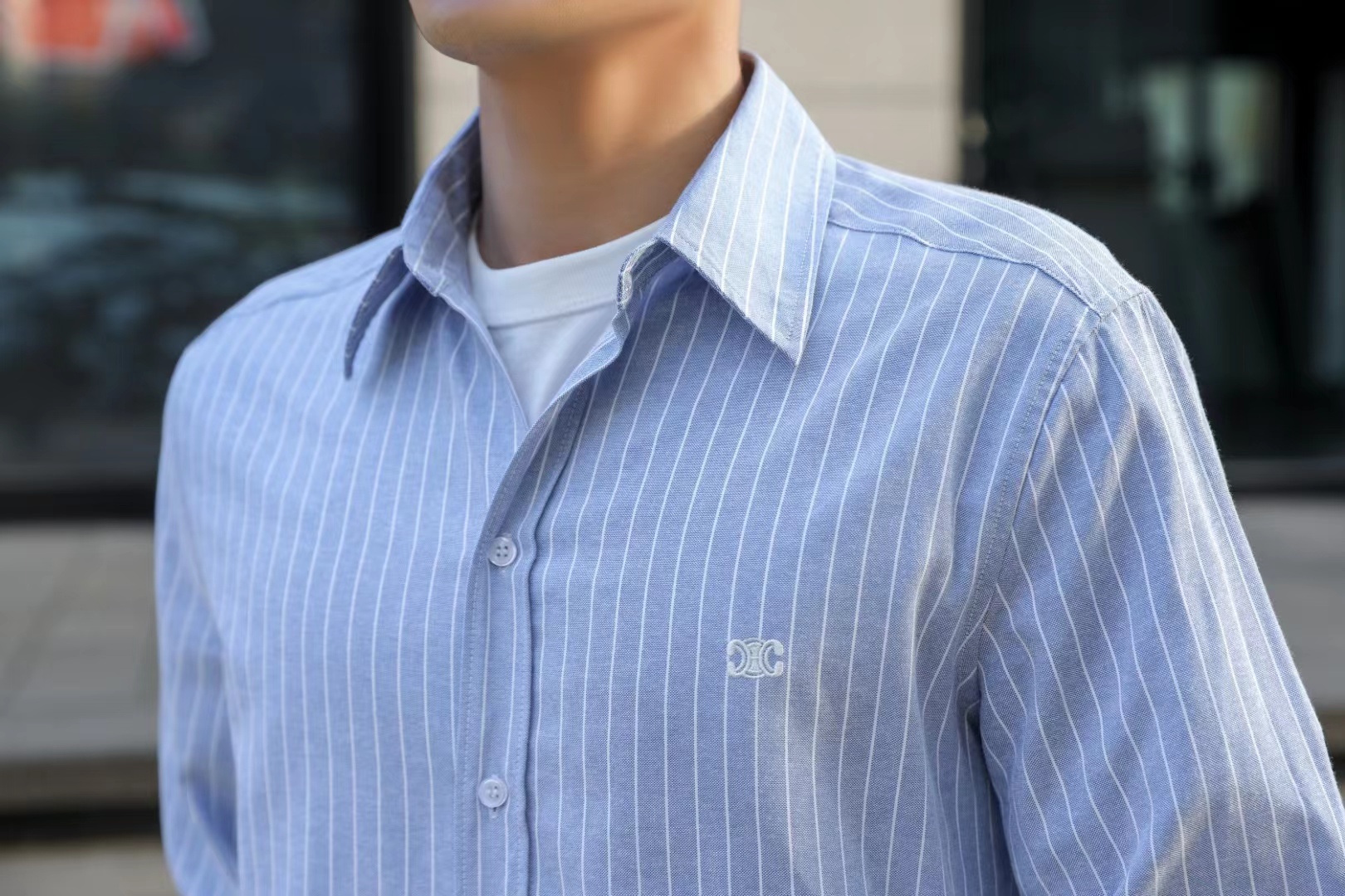 C3 Small Embroidered Vertical Stripe Long Sleeve Shirt