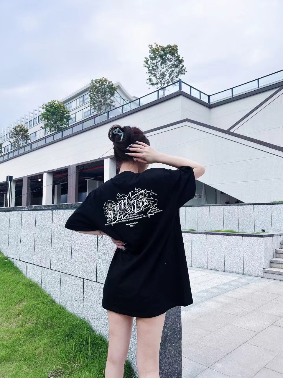 OW embroidery flocking print pattern short sleeve