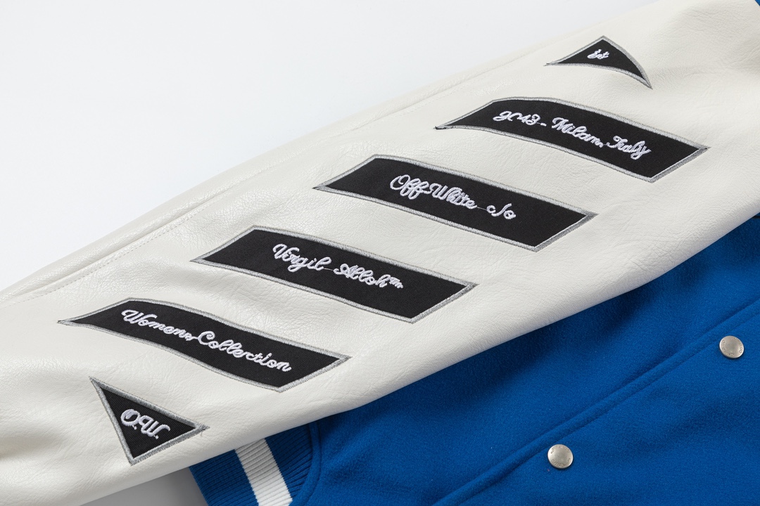 Off-White 2024 Fall/Winter new heavy embroidery rhinestone patchwork leather varsity jacket in blue, unisex
