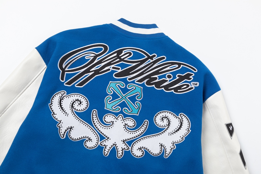 Off-White 2024 Fall/Winter new heavy embroidery rhinestone patchwork leather varsity jacket in blue, unisex