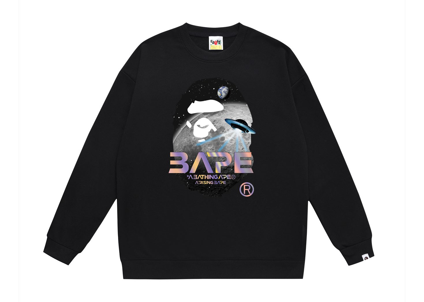 BAPE Mid-Autumn Moon and UFO Ape Head holographic logo graphic crewneck sweatshirt