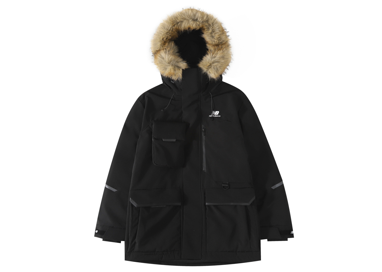 New Balance Solid-color Fur-trimmed Mid-length Hooded Down Jacket